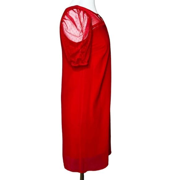 NAF NAF Swiss Dot Mesh Puff Sleeve Chiffon Shift Dress Lipstick Red - Picture 2 of 5